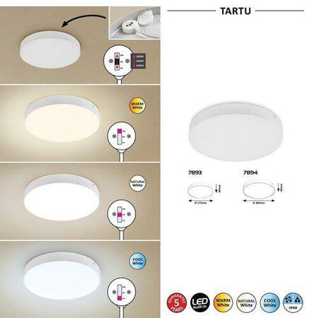 Rabalux plafon zewnętrzny LED Tartu 18W 1800lm 2800/6000K biały IP44 7893