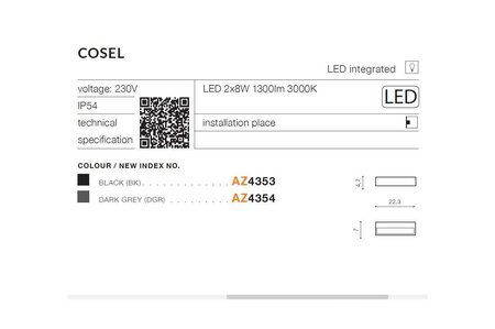 Azzardo kinkiet zewnętrzny LED Cosel 2x(4W 650lm 3000K) 8W 1300lm czarny IP54 AZ4353