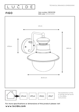 Lucide kinkiet Figo IP44 E27 L24 W21 H27cm czarny 11811/01/30