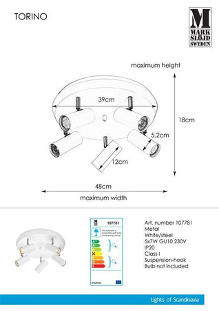 Markslojd plafon (reflektorki) Torino 5xGU10 biały 107781