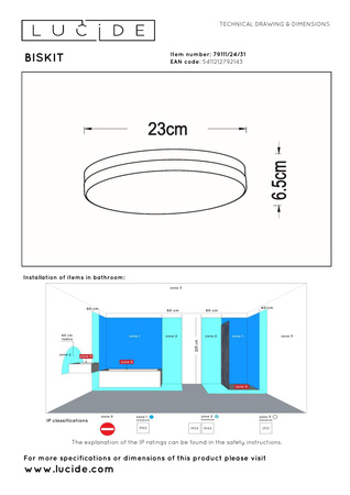 Lucide lampa sufitowa łazienkowa Biskit Ø 23 cm LED 1x12W 2700K IP44 biała 79111/24/31