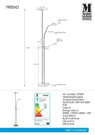 Markslojd lampa podłogowa LED Friend 18W 1700lm + 5W 400lm 3000K mosiężna 181cm 107009