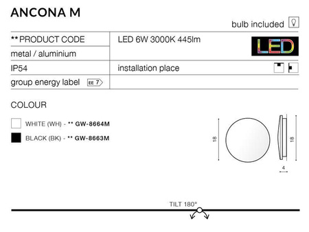 Azzardo kinkiet łazienkowy LED Ancona M 6W 445lm 3000K czarny Ø18cm IP54 AZ2194