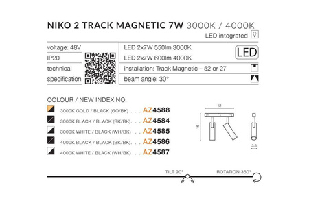 Azzardo lampa szynowa (reflektorki) LED Niko 2 2x(3,5W 275lm 3000K) 7W 550lm czarno/biała AZ4585