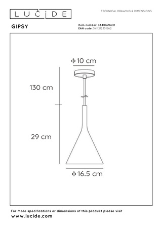 Lucide lampa wisząca Gipsy E27 Ø 16 cm H29cm biała 35406/16/31