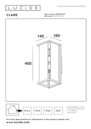 Lucide kinkiet zewnętrzny Claire 2xE27 IP54 biały 27883/02/31
