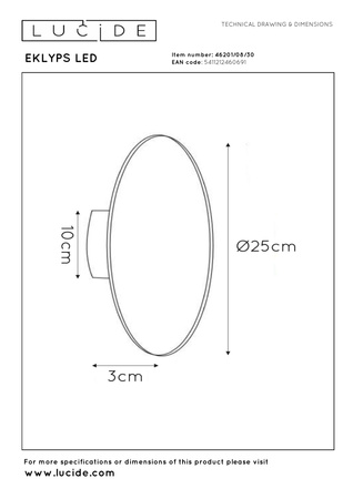 Lucide kinkiet Eklyps LED Ø 25cm 8W 480LM 3000K czarny 46201/08/30