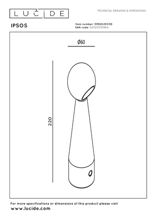 Lucide lampa stołowa Ipsos LED ściemnialna 3000K zasilanie akumulatorowe czarna 33500/03/30